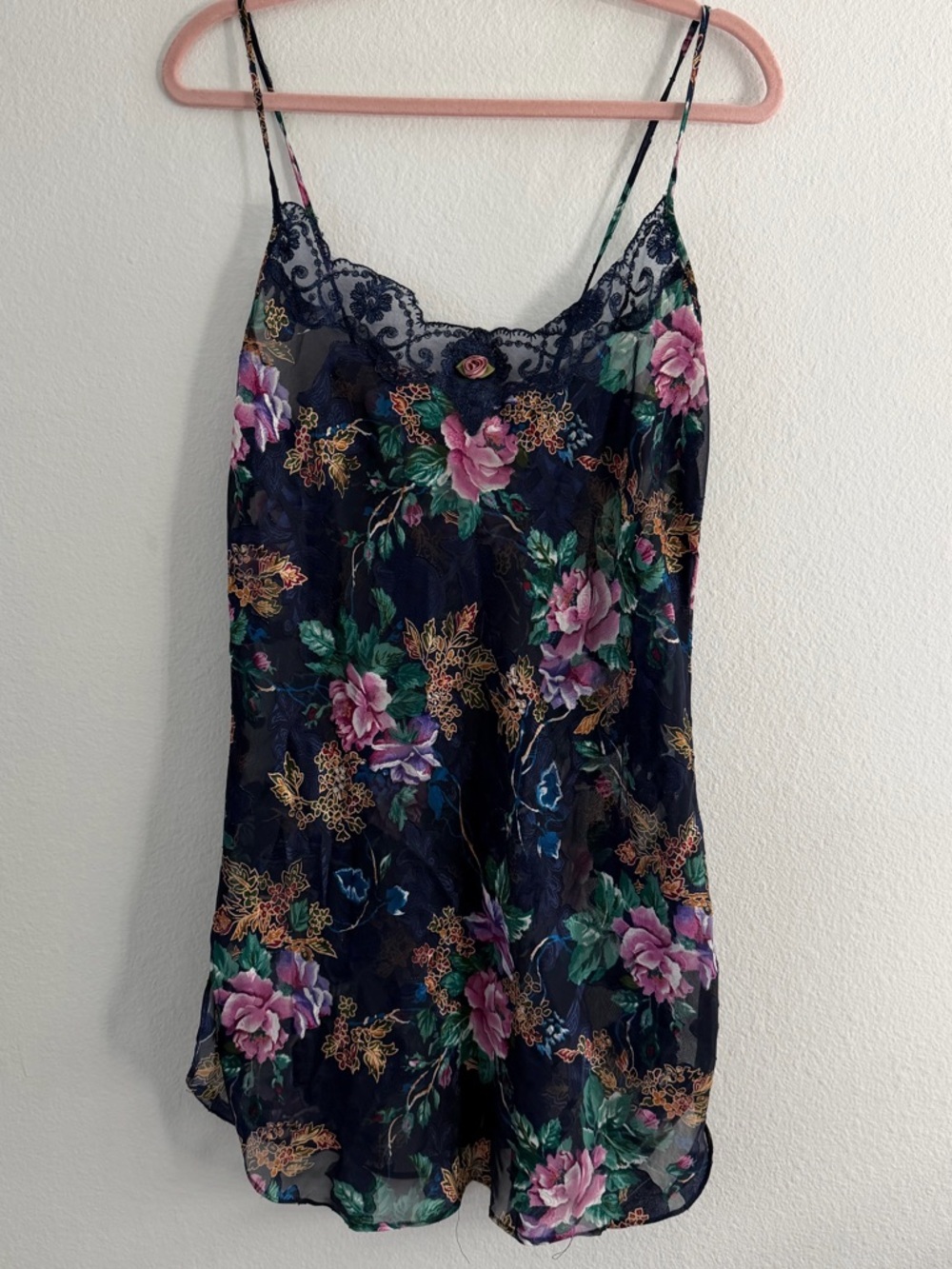 Vintage California Dynasty Floral Lace Trim Slip Chemise Lingerie Size Medium